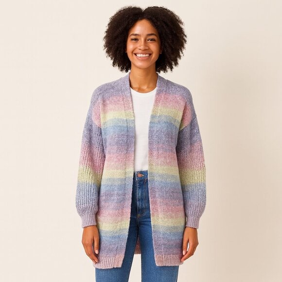 Laurie Felt Pastel Rainbow Cardigan S Soft Knit Open Front Cozy Boho Coquette - Picture 4 of 10